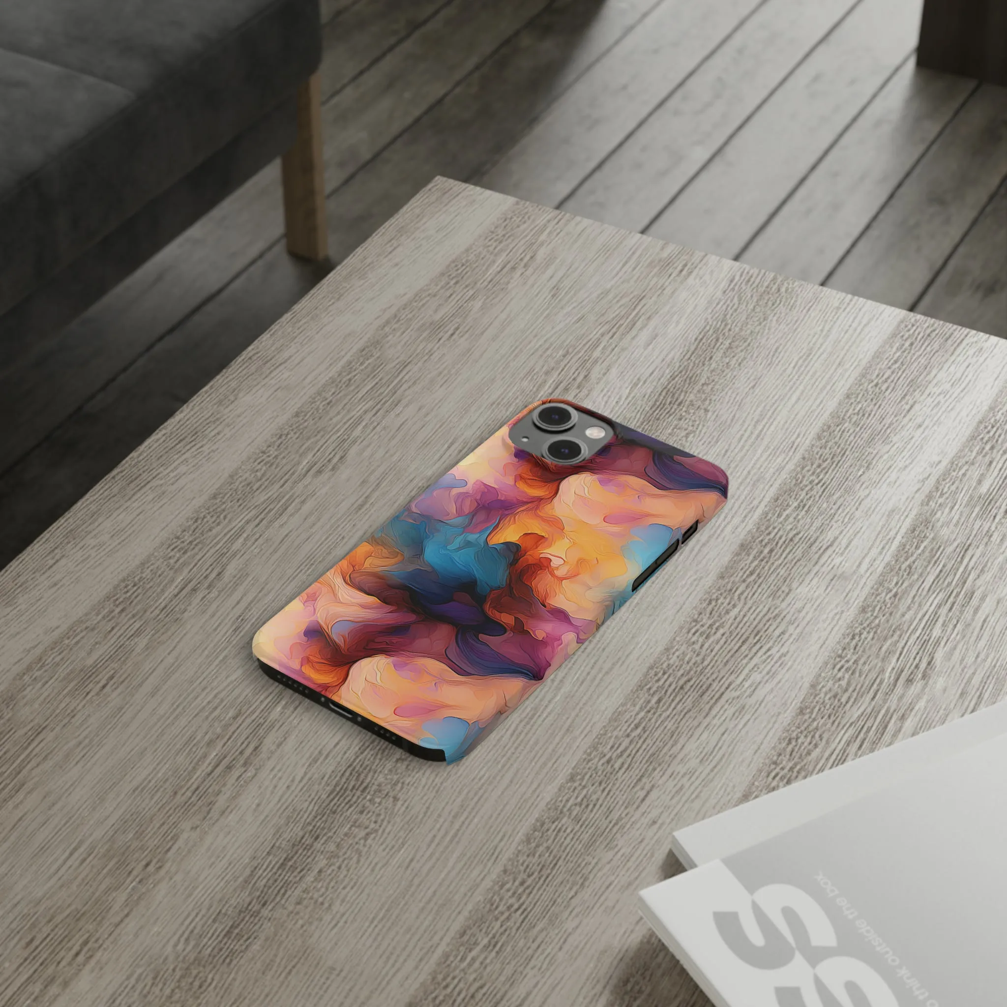 Abstract Peach, Blue, Purple Smoke Design Sleek Elegance Wireless-Charging Compatible Phone Case Slim Phone Case compatible with over 20 iphone models