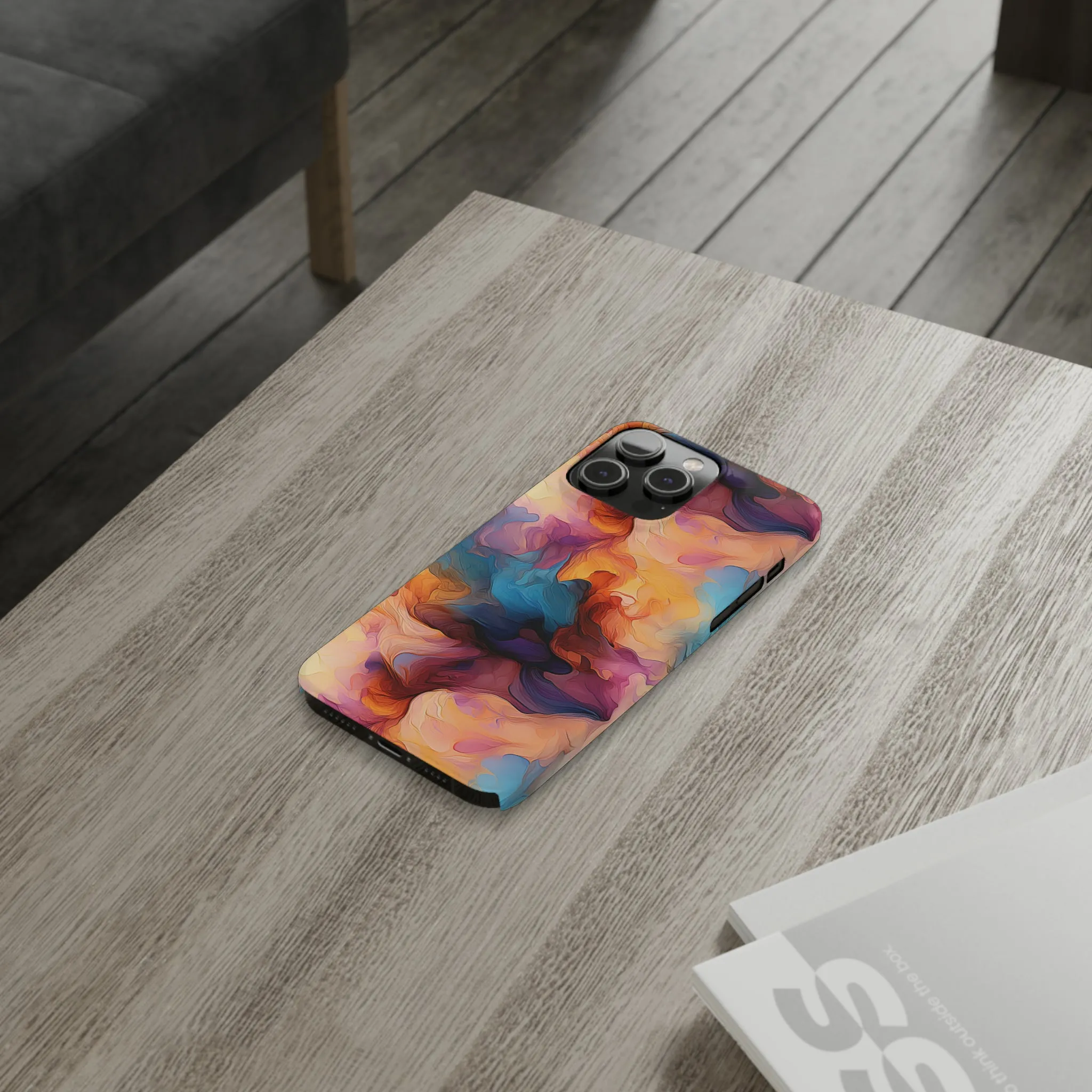 Abstract Peach, Blue, Purple Smoke Design Sleek Elegance Wireless-Charging Compatible Phone Case Slim Phone Case compatible with over 20 iphone models