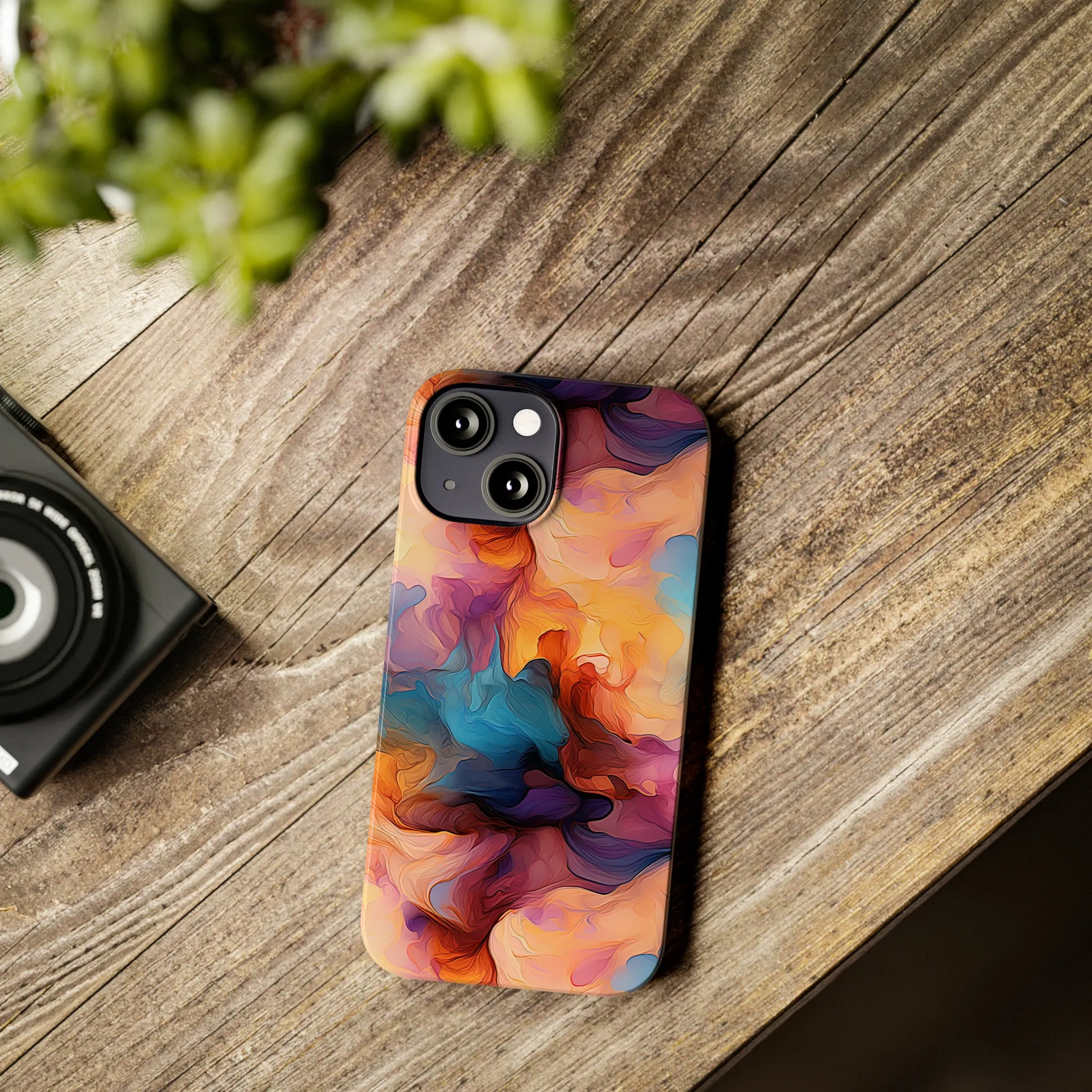 Abstract Peach, Blue, Purple Smoke Design Sleek Elegance Wireless-Charging Compatible Phone Case Slim Phone Case compatible with over 20 iphone models