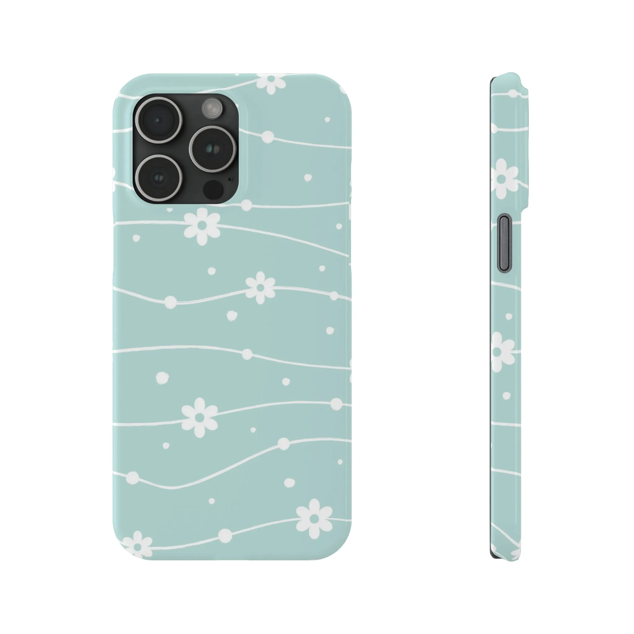 Blue background and White Daisies Polka Dots Design Sleek Elegance Wireless-Charging Compatible Phone Case Slim Phone Case compatible with over 20 iphone models