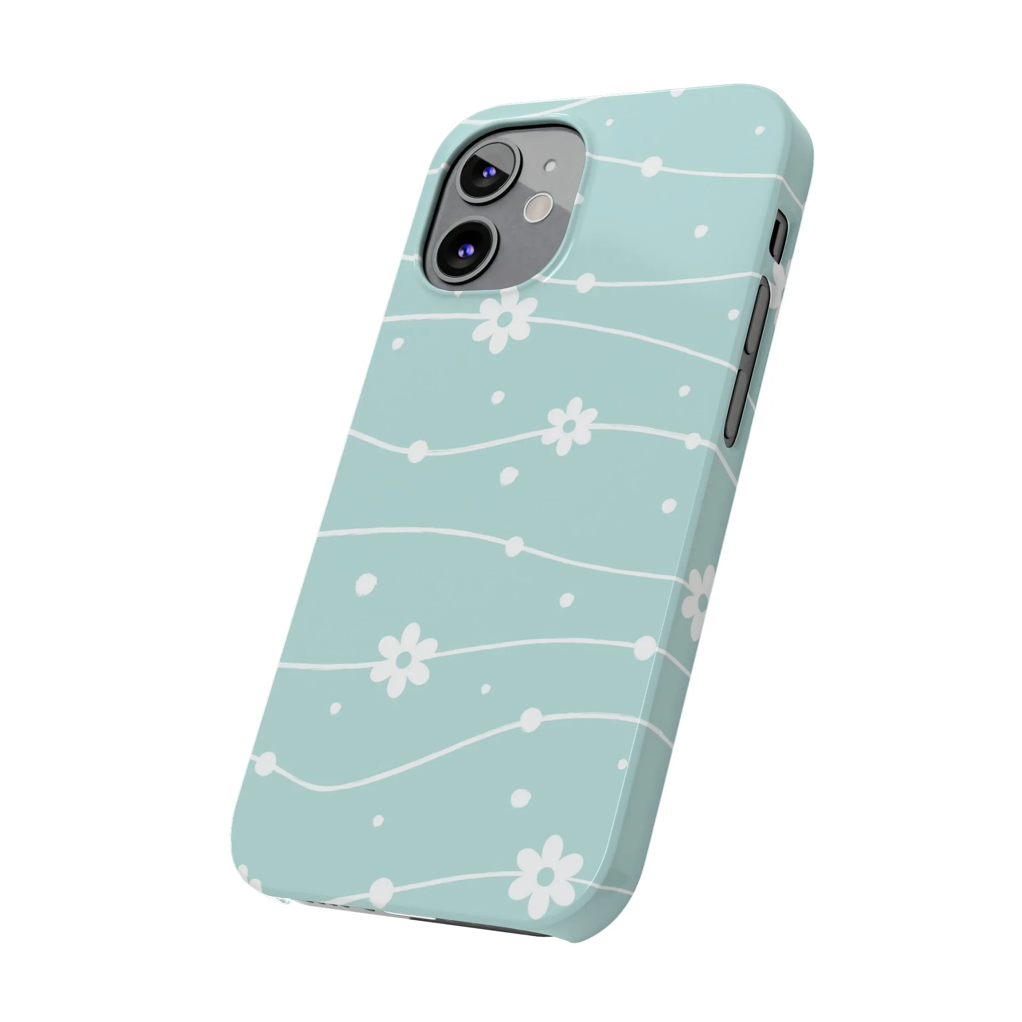 Blue background and White Daisies Polka Dots Design Sleek Elegance Wireless-Charging Compatible Phone Case Slim Phone Case compatible with over 20 iphone models