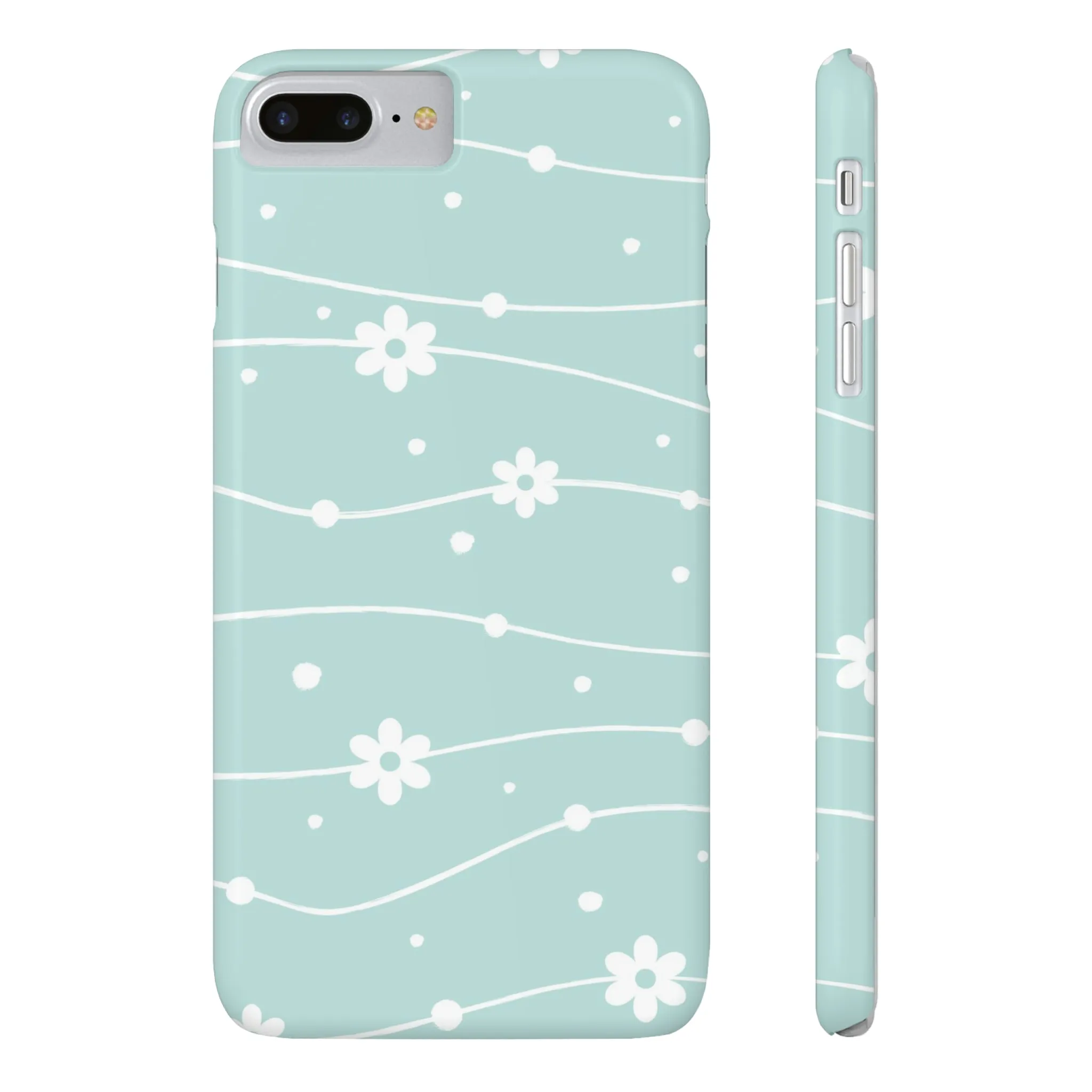 Blue background and White Daisies Polka Dots Design Sleek Elegance Wireless-Charging Compatible Phone Case Slim Phone Case compatible with over 20 iphone models