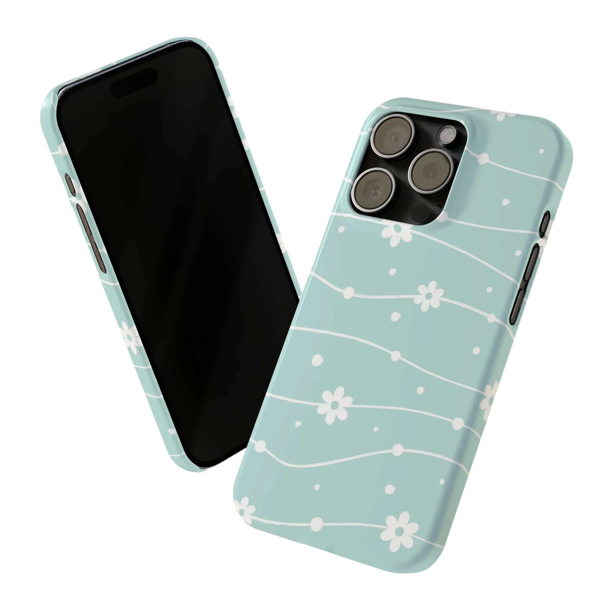 Blue background and White Daisies Polka Dots Design Sleek Elegance Wireless-Charging Compatible Phone Case Slim Phone Case compatible with over 20 iphone models