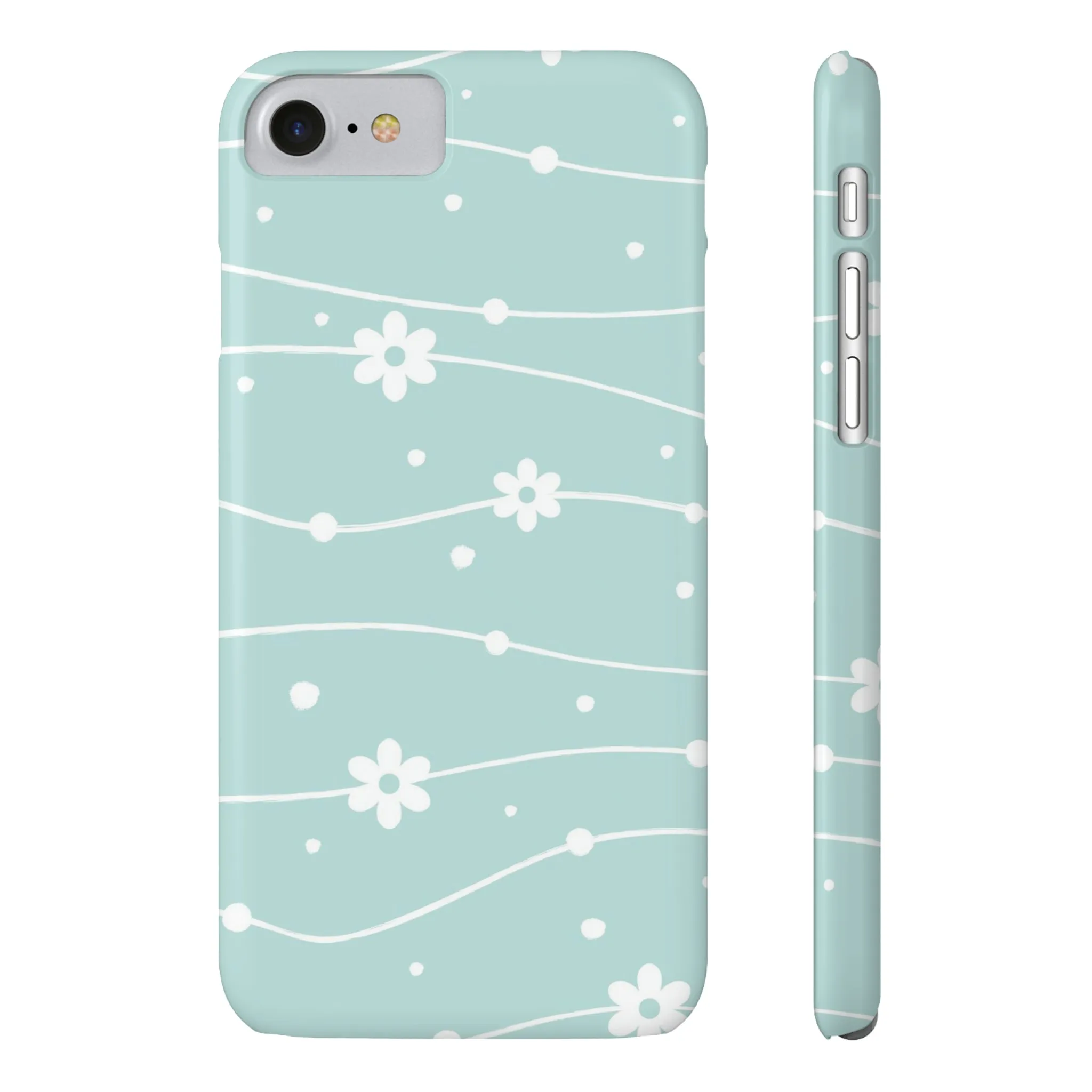 Blue background and White Daisies Polka Dots Design Sleek Elegance Wireless-Charging Compatible Phone Case Slim Phone Case compatible with over 20 iphone models