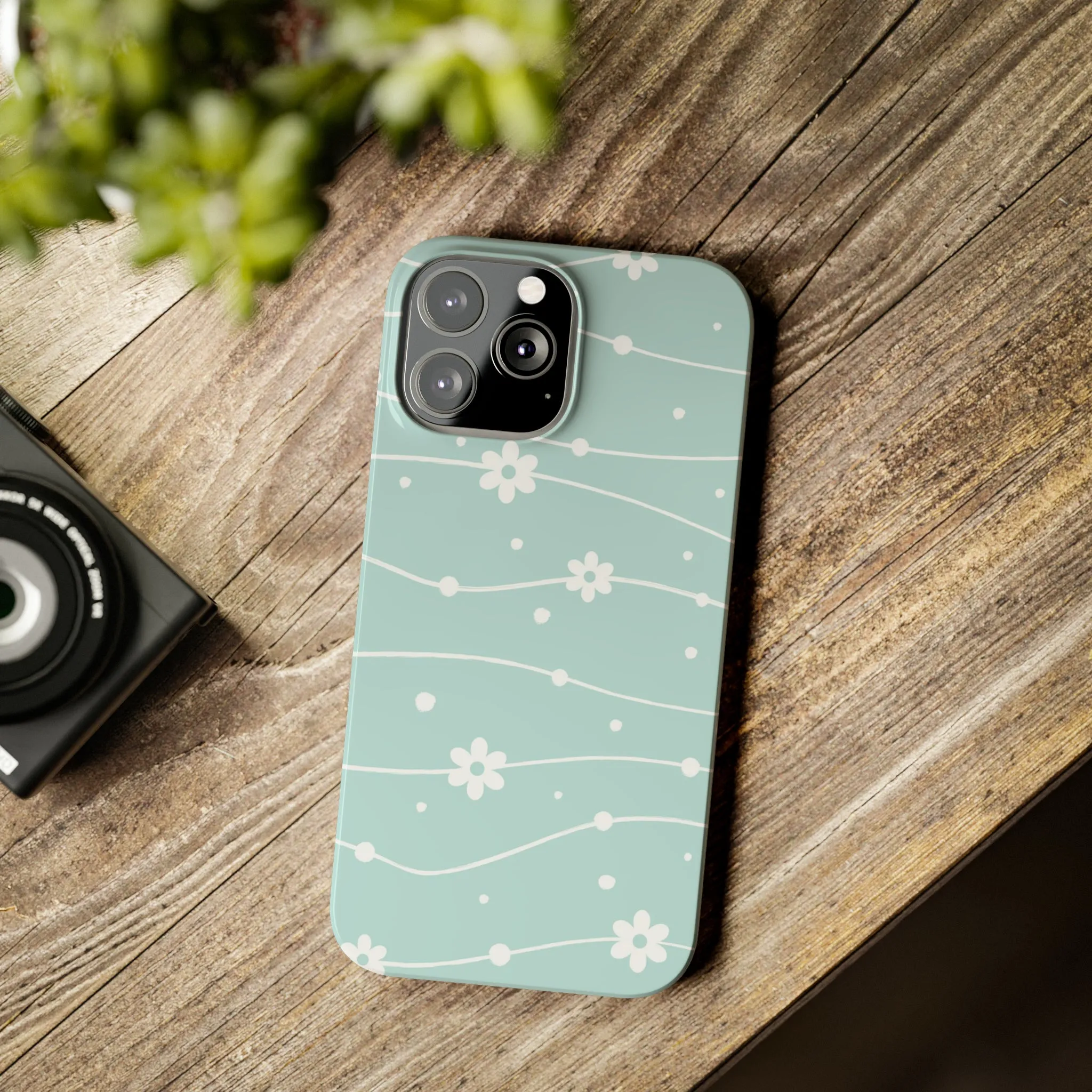 Blue background and White Daisies Polka Dots Design Sleek Elegance Wireless-Charging Compatible Phone Case Slim Phone Case compatible with over 20 iphone models