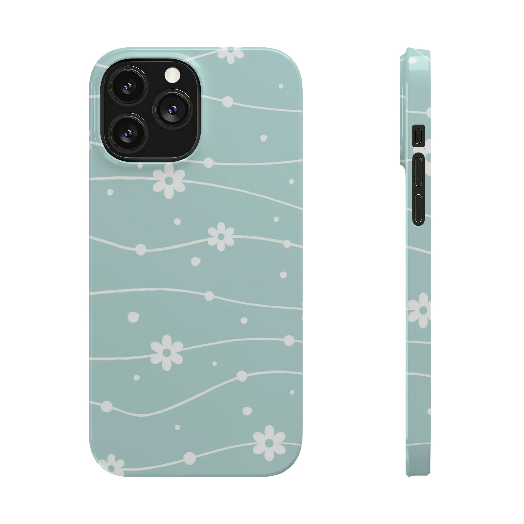 Blue background and White Daisies Polka Dots Design Sleek Elegance Wireless-Charging Compatible Phone Case Slim Phone Case compatible with over 20 iphone models