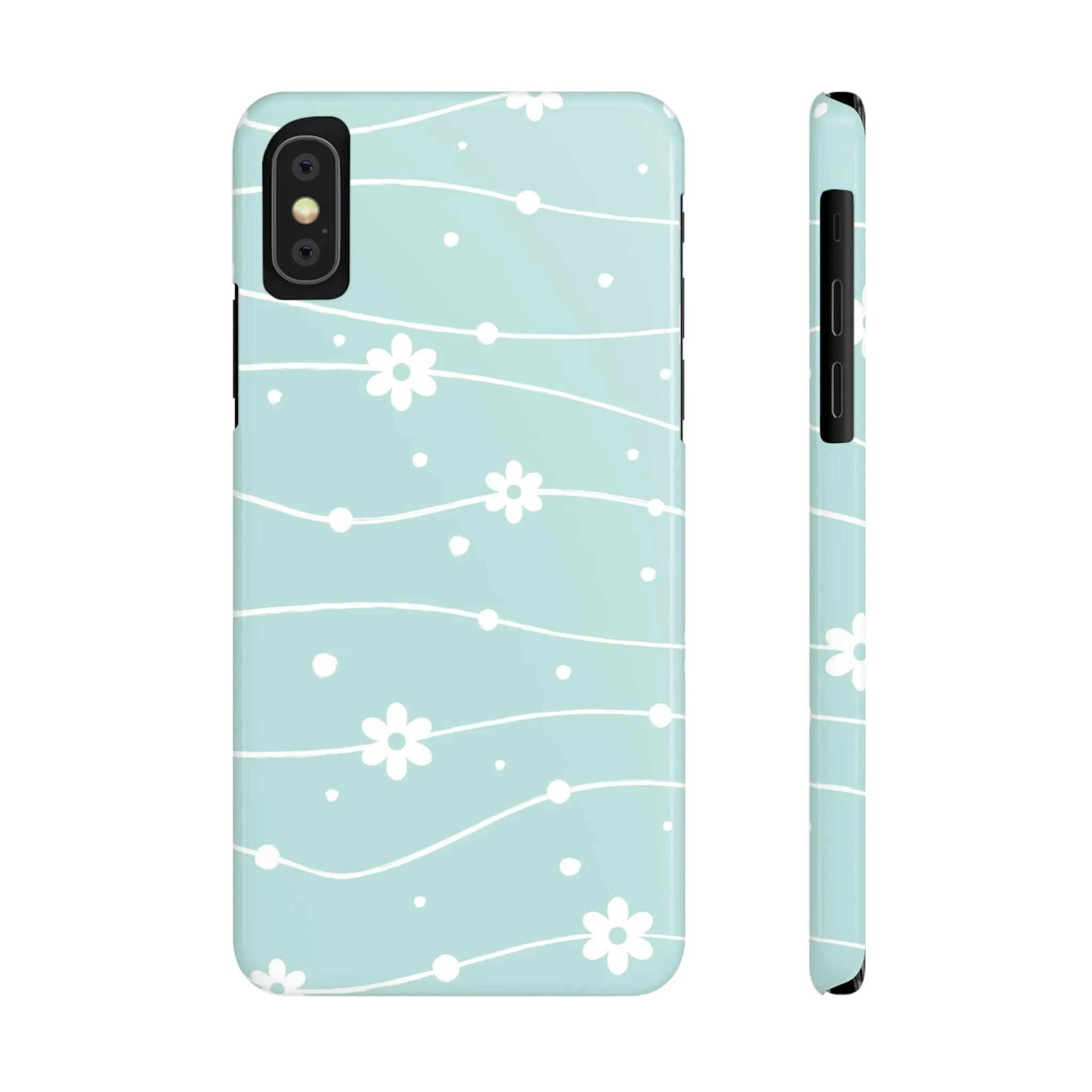 Blue background and White Daisies Polka Dots Design Sleek Elegance Wireless-Charging Compatible Phone Case Slim Phone Case compatible with over 20 iphone models