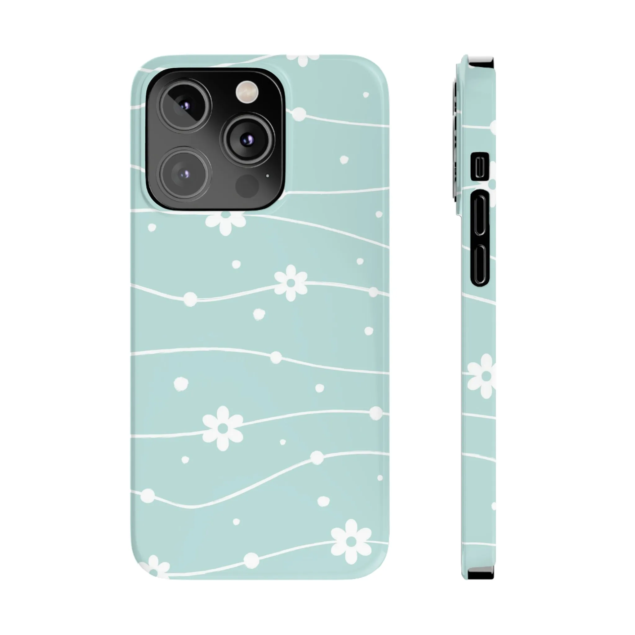 Blue background and White Daisies Polka Dots Design Sleek Elegance Wireless-Charging Compatible Phone Case Slim Phone Case compatible with over 20 iphone models