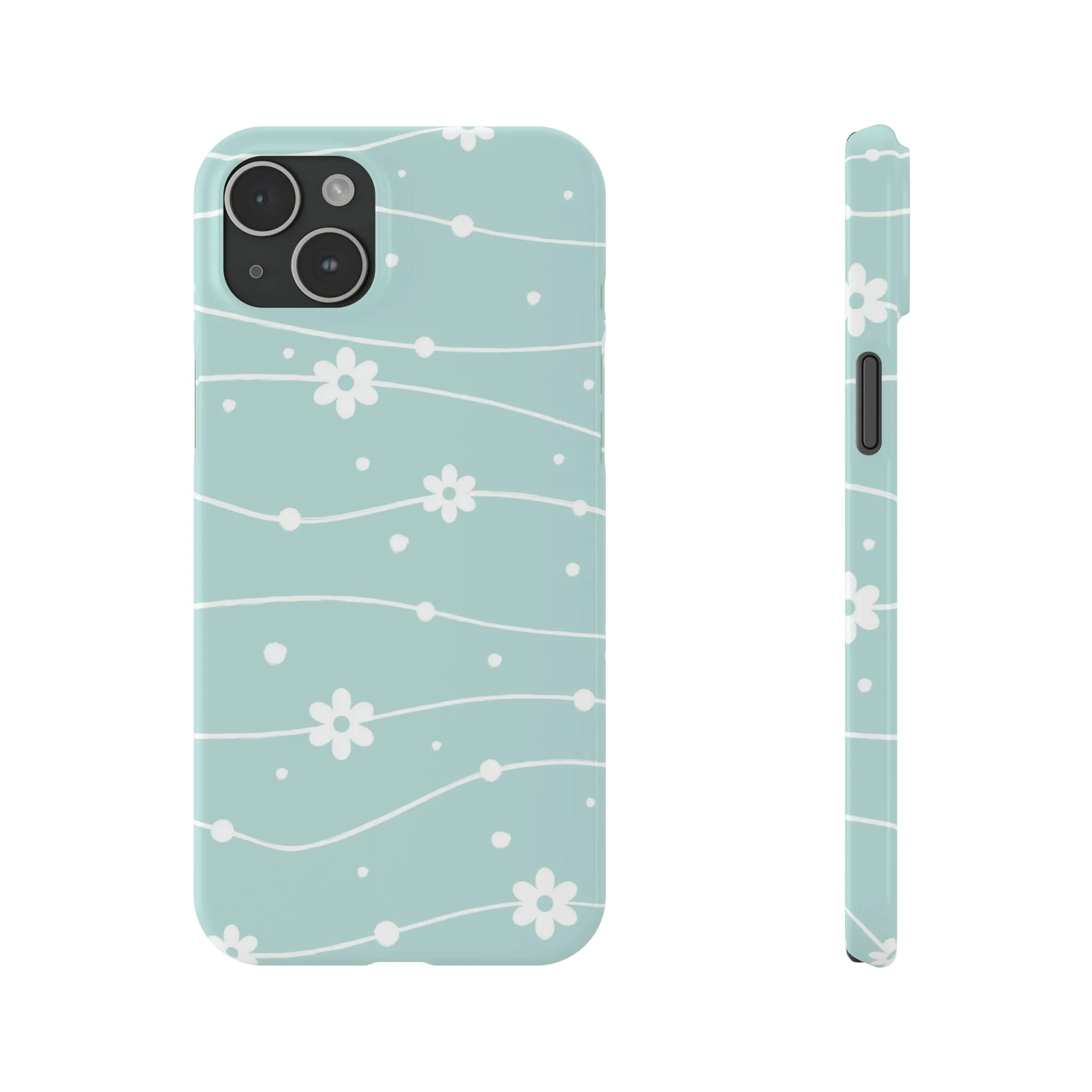 Blue background and White Daisies Polka Dots Design Sleek Elegance Wireless-Charging Compatible Phone Case Slim Phone Case compatible with over 20 iphone models