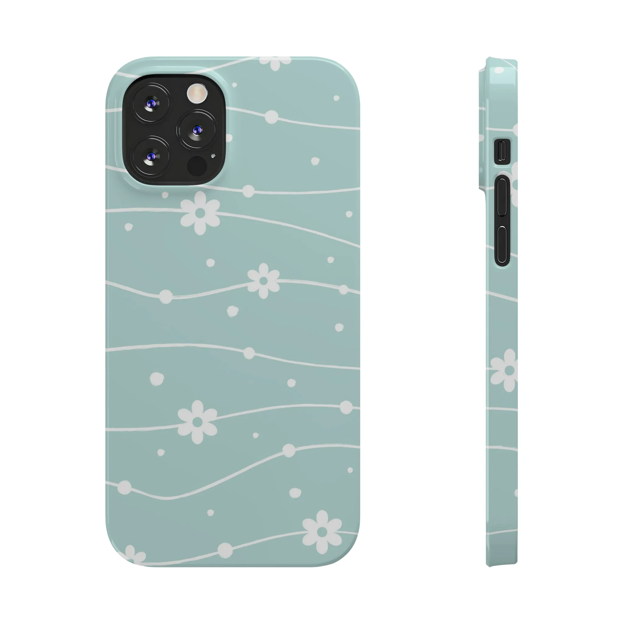 Blue background and White Daisies Polka Dots Design Sleek Elegance Wireless-Charging Compatible Phone Case Slim Phone Case compatible with over 20 iphone models