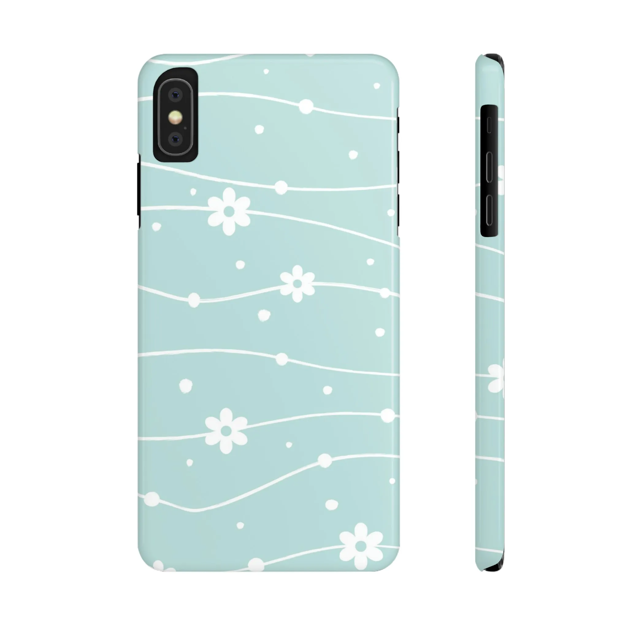 Blue background and White Daisies Polka Dots Design Sleek Elegance Wireless-Charging Compatible Phone Case Slim Phone Case compatible with over 20 iphone models