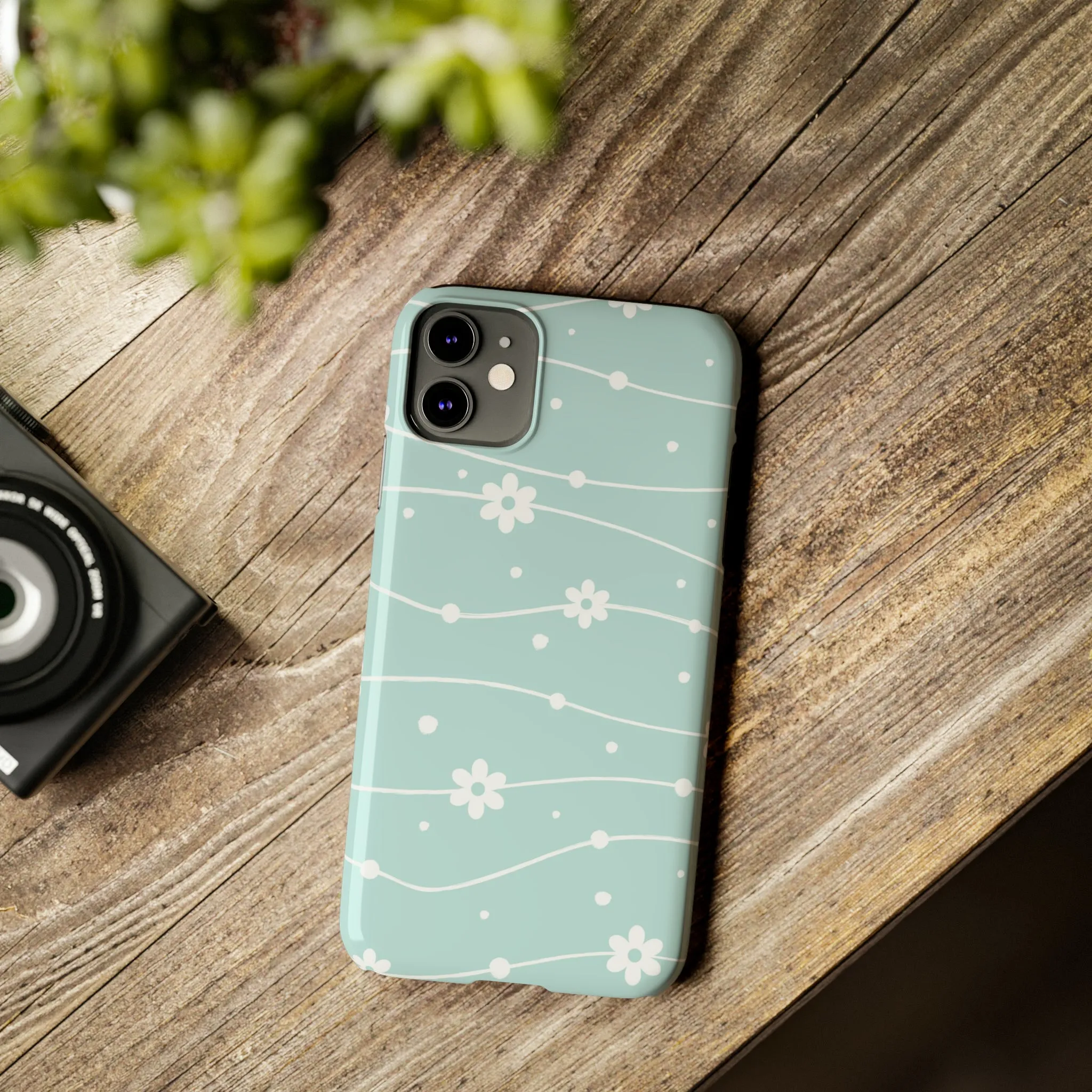 Blue background and White Daisies Polka Dots Design Sleek Elegance Wireless-Charging Compatible Phone Case Slim Phone Case compatible with over 20 iphone models