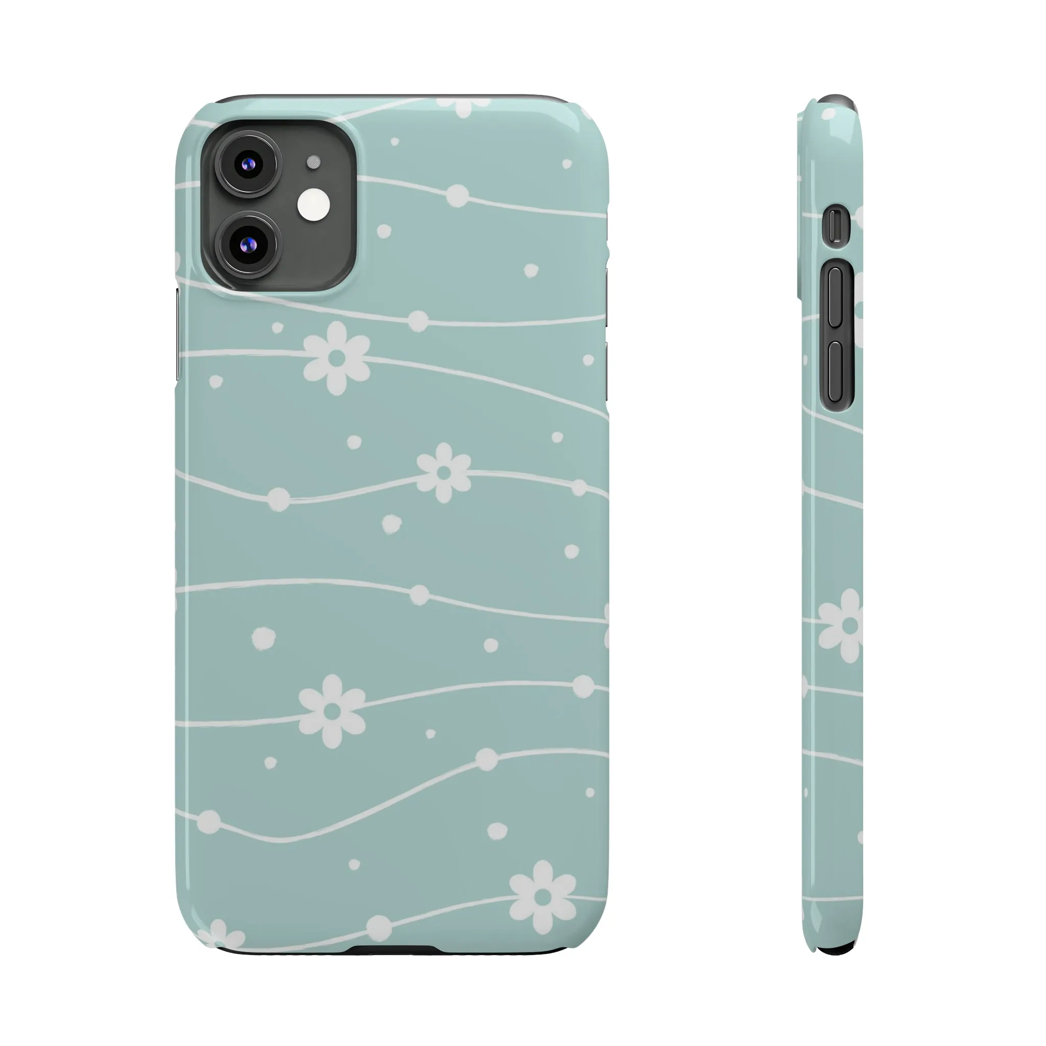 Blue background and White Daisies Polka Dots Design Sleek Elegance Wireless-Charging Compatible Phone Case Slim Phone Case compatible with over 20 iphone models