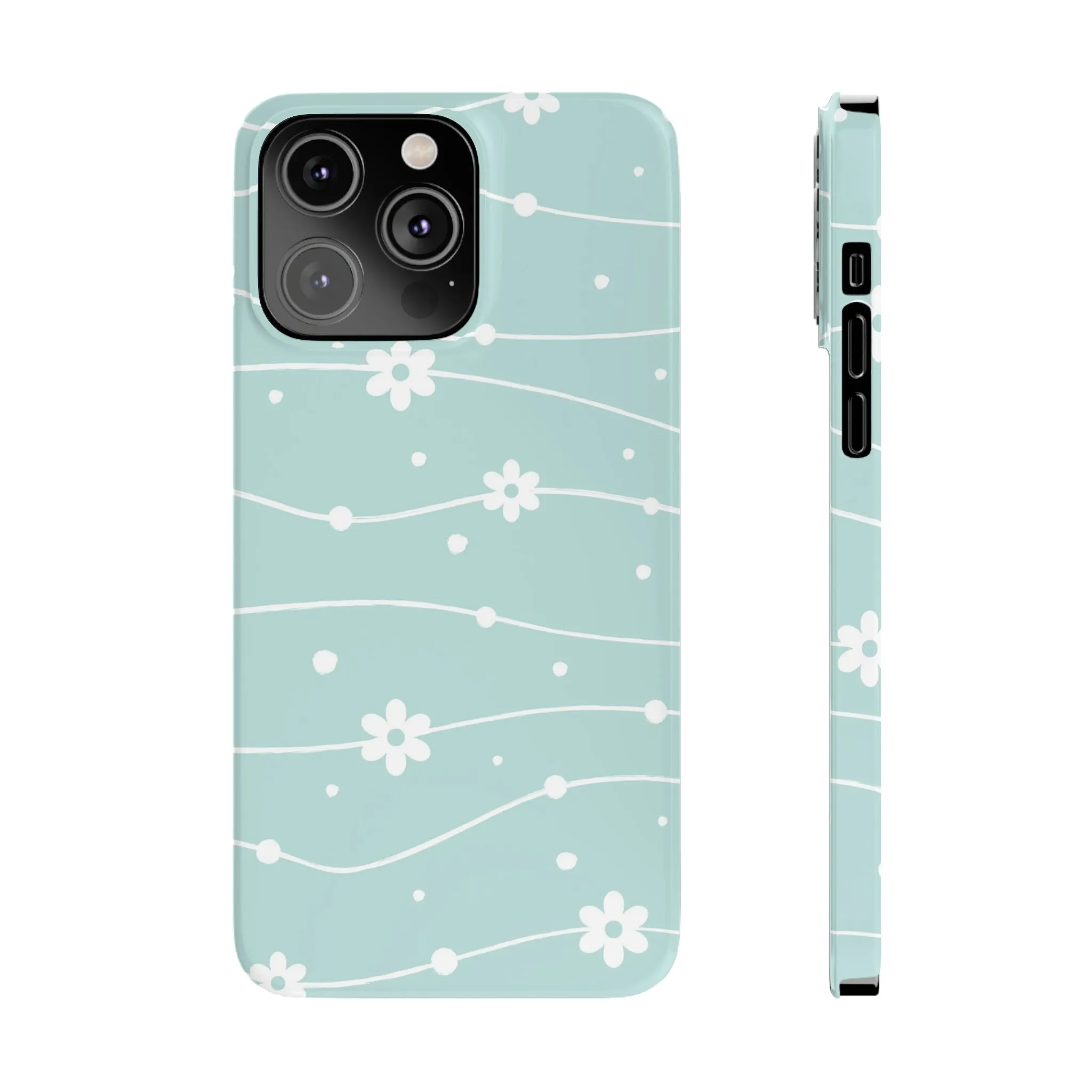 Blue background and White Daisies Polka Dots Design Sleek Elegance Wireless-Charging Compatible Phone Case Slim Phone Case compatible with over 20 iphone models