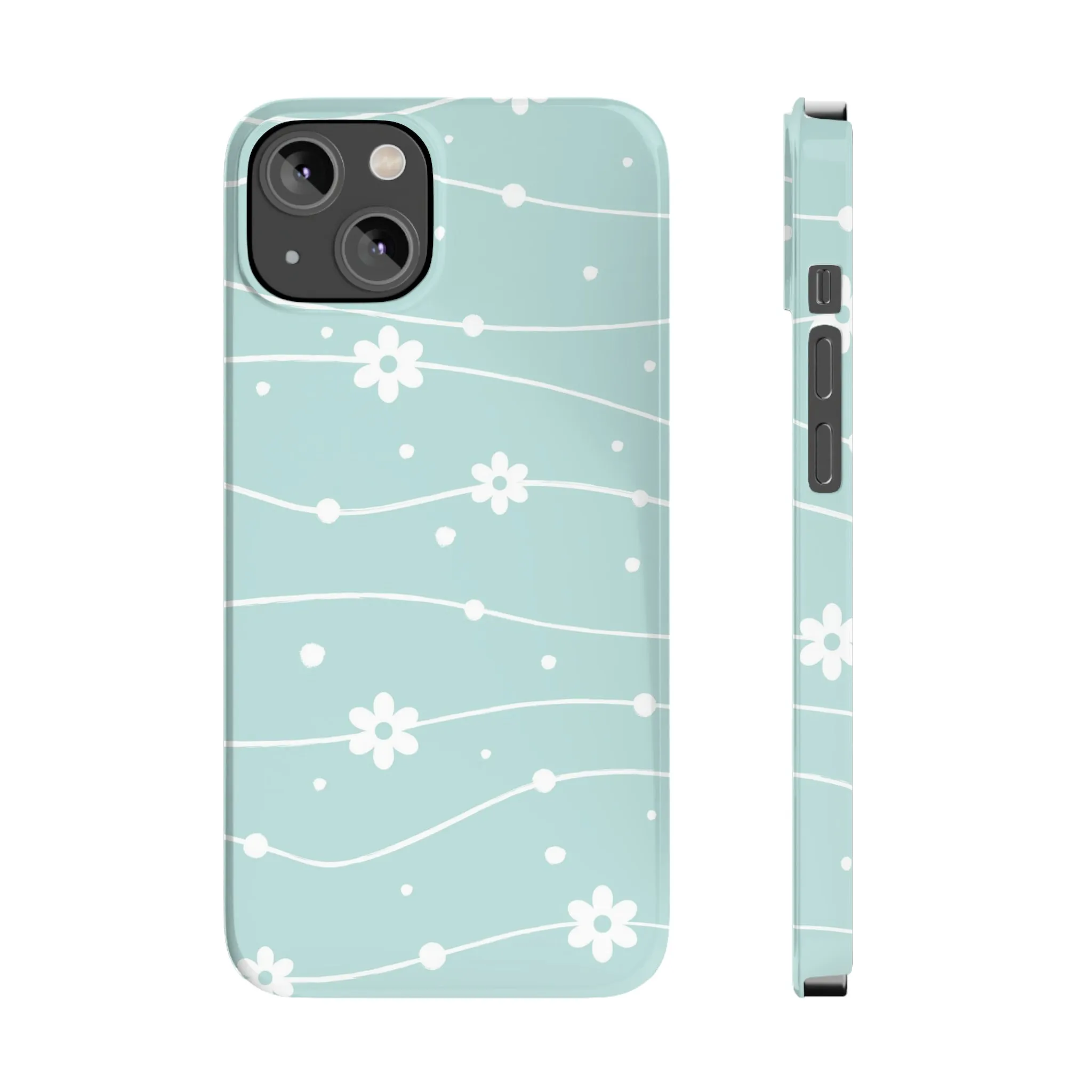 Blue background and White Daisies Polka Dots Design Sleek Elegance Wireless-Charging Compatible Phone Case Slim Phone Case compatible with over 20 iphone models