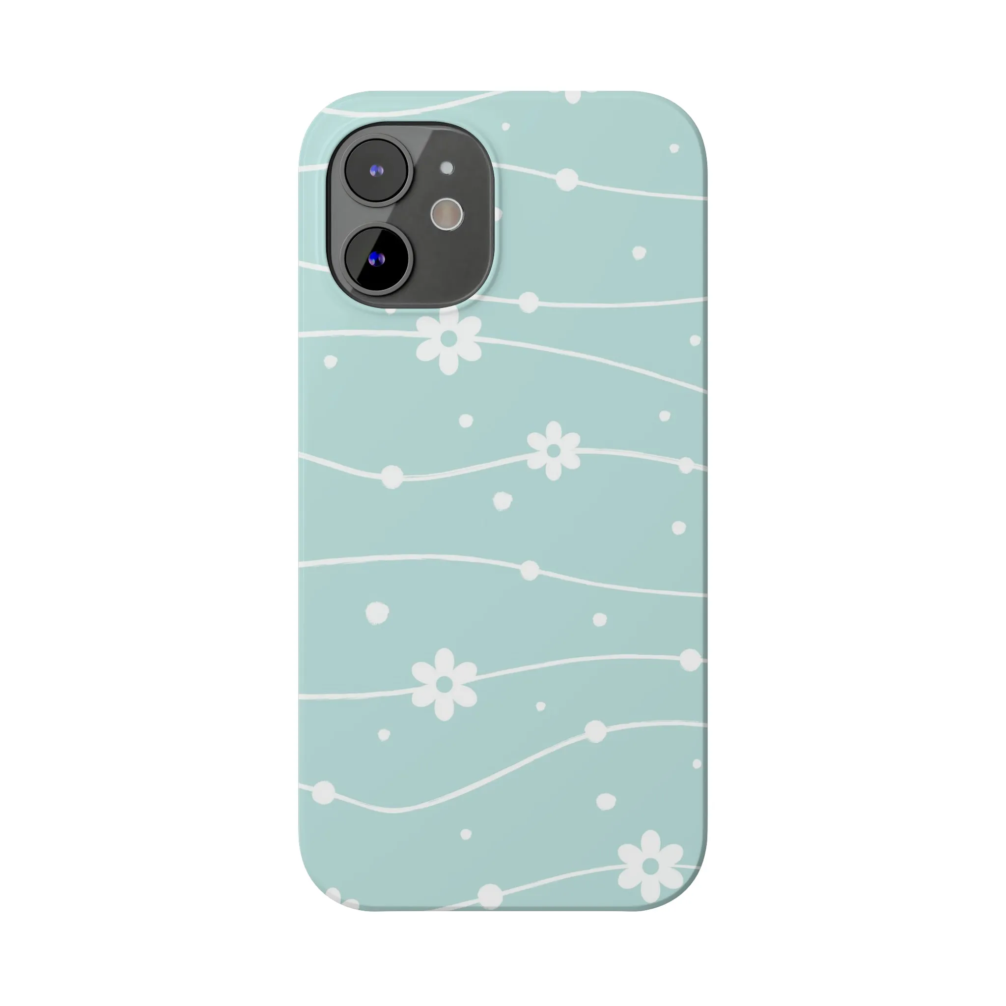 Blue background and White Daisies Polka Dots Design Sleek Elegance Wireless-Charging Compatible Phone Case Slim Phone Case compatible with over 20 iphone models