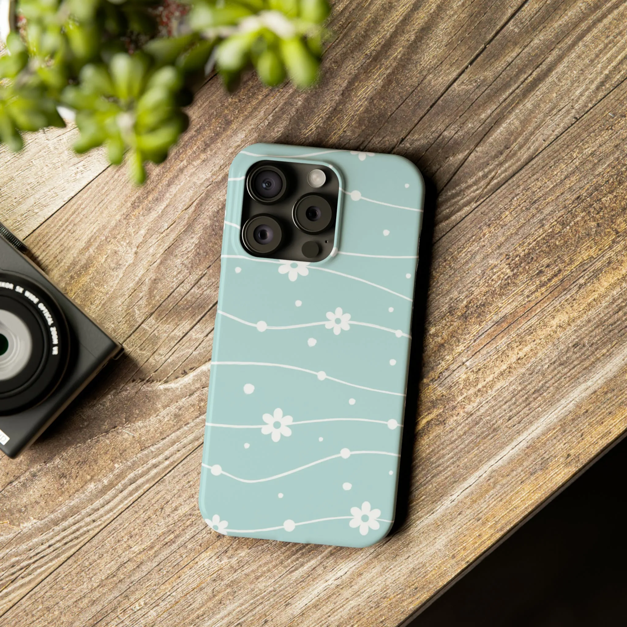 Blue background and White Daisies Polka Dots Design Sleek Elegance Wireless-Charging Compatible Phone Case Slim Phone Case compatible with over 20 iphone models