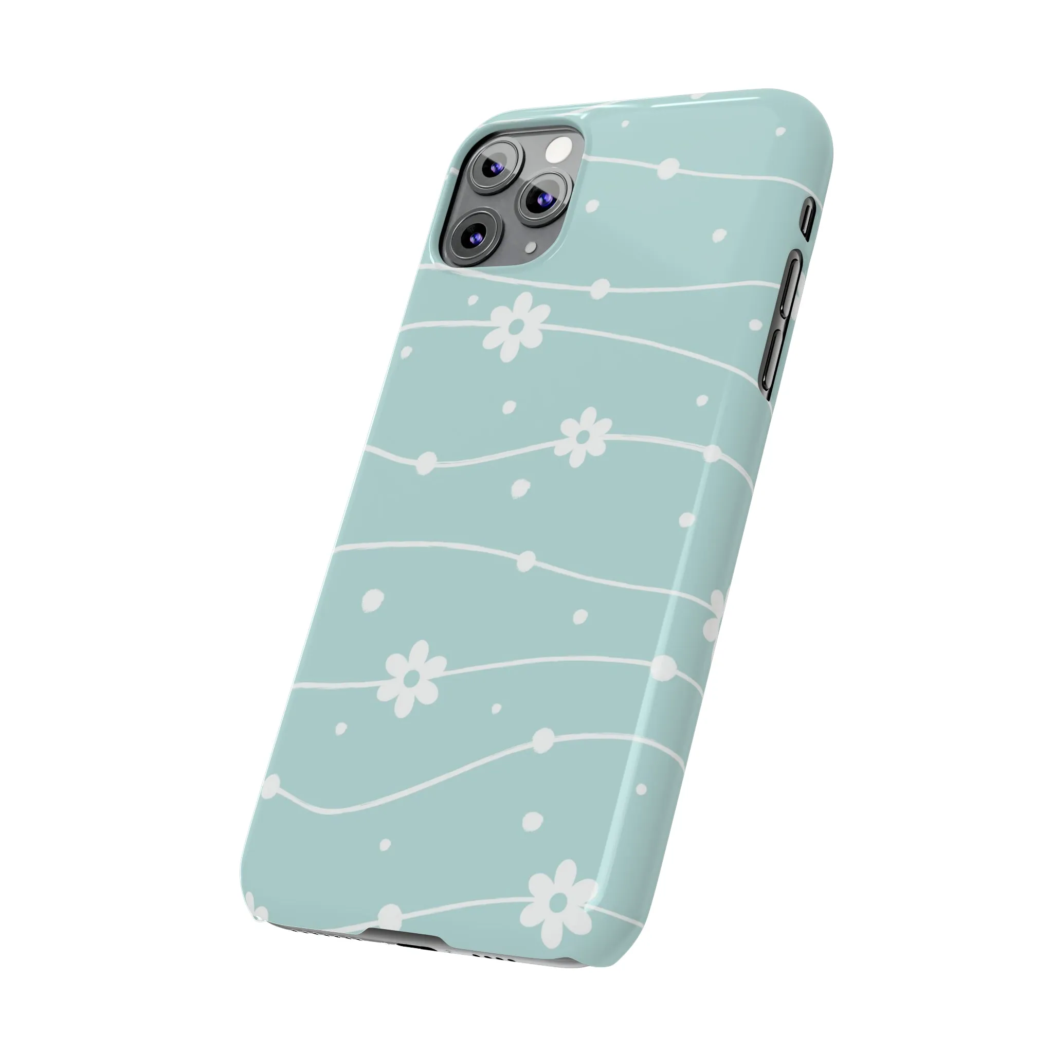 Blue background and White Daisies Polka Dots Design Sleek Elegance Wireless-Charging Compatible Phone Case Slim Phone Case compatible with over 20 iphone models