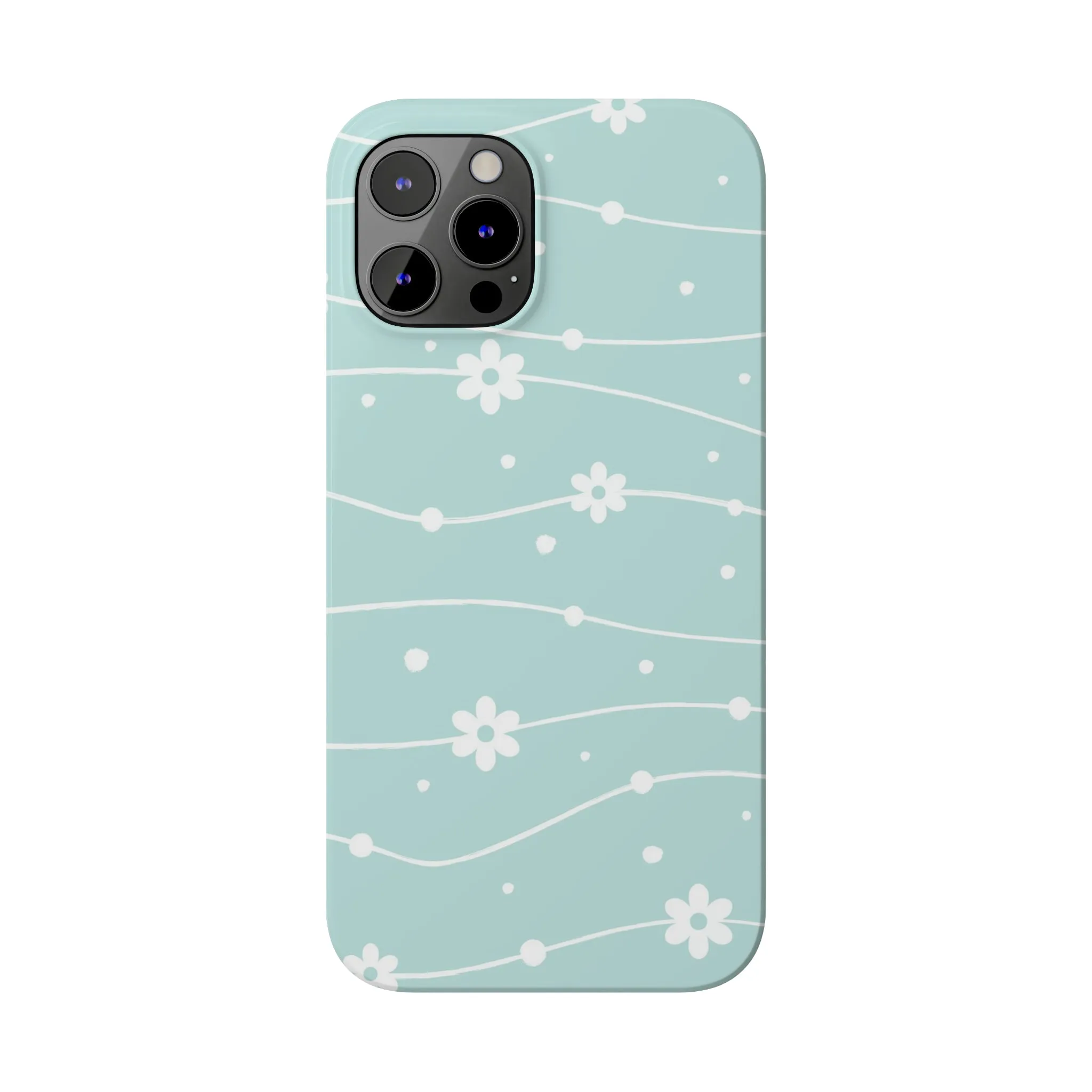 Blue background and White Daisies Polka Dots Design Sleek Elegance Wireless-Charging Compatible Phone Case Slim Phone Case compatible with over 20 iphone models