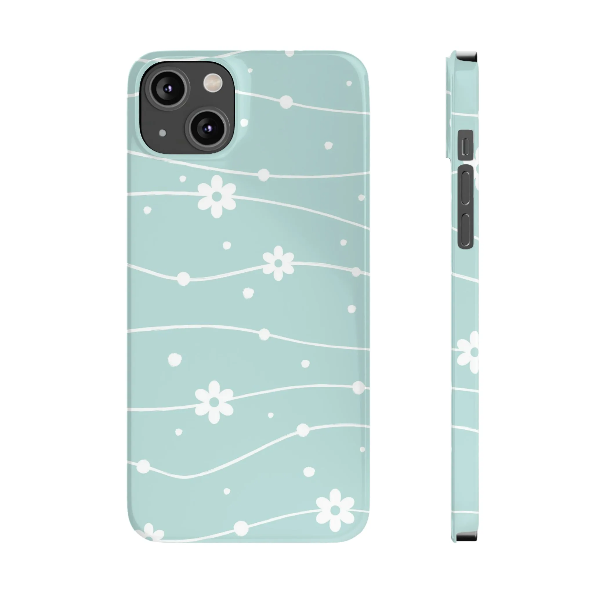 Blue background and White Daisies Polka Dots Design Sleek Elegance Wireless-Charging Compatible Phone Case Slim Phone Case compatible with over 20 iphone models