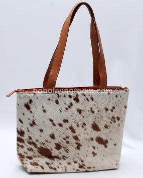 Brown White Cowhide Tote Bag With Studs