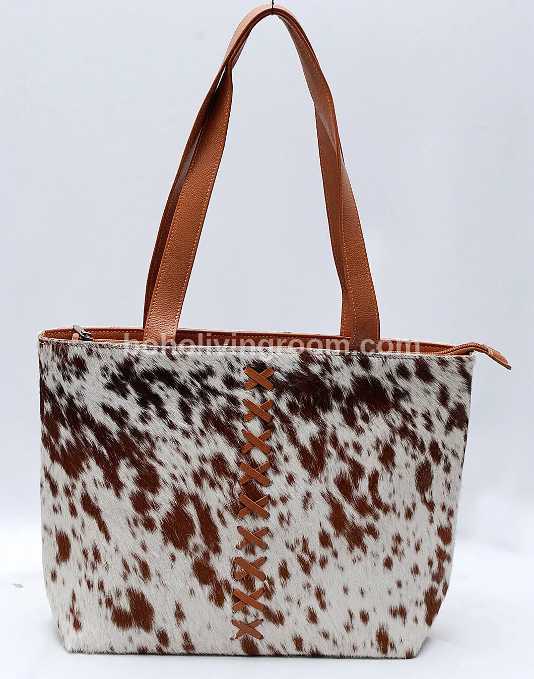 Brown White Cowhide Tote Bag With Studs