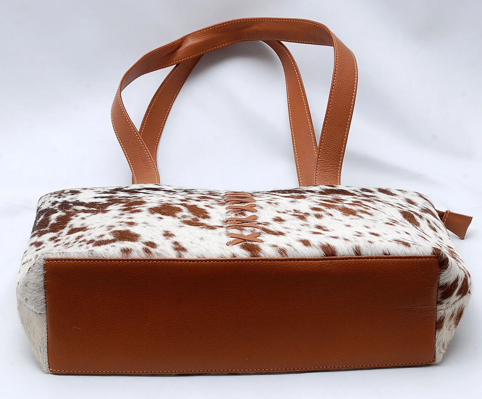 Brown White Cowhide Tote Bag With Studs