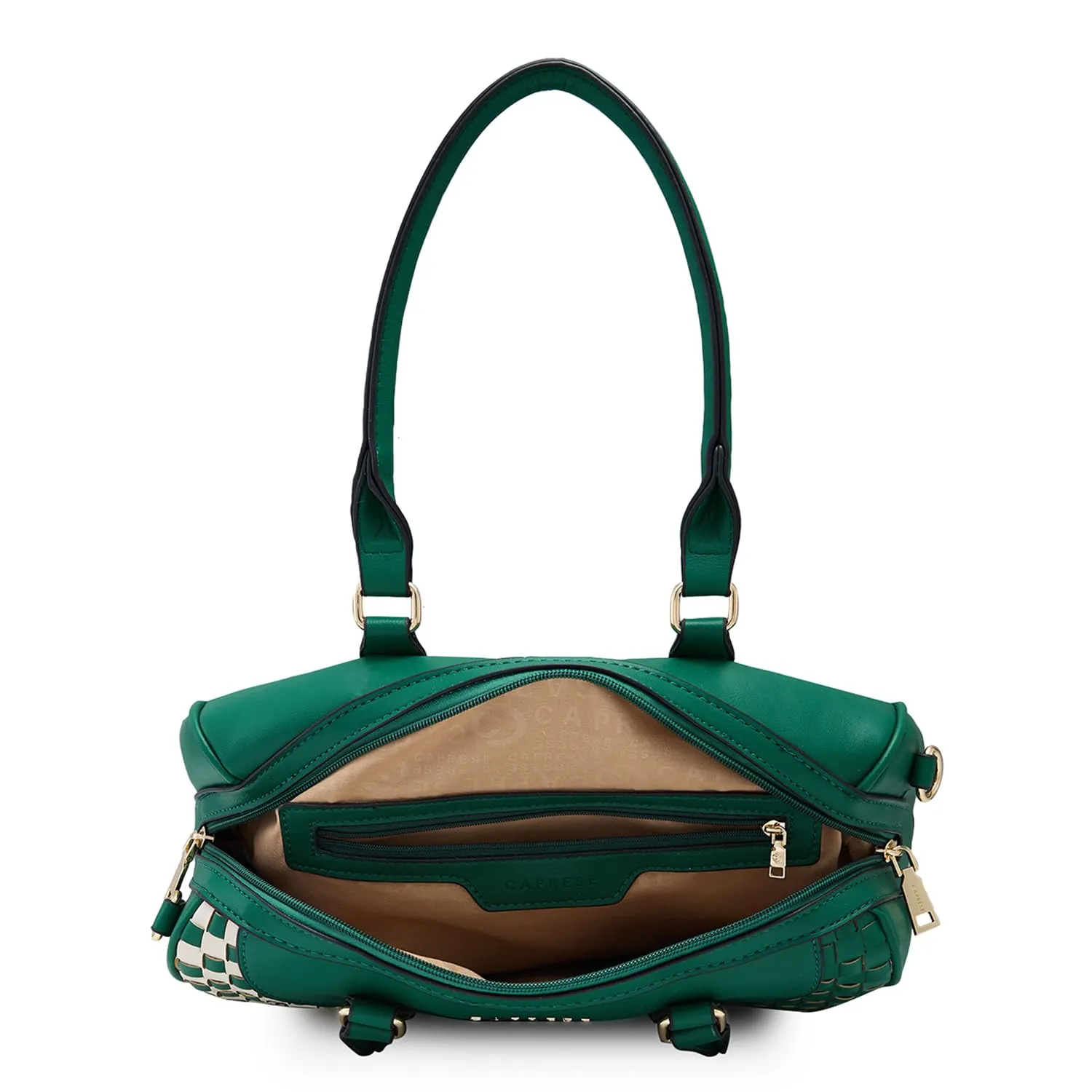 Caprese Aria Satchel, Medium Dual Colored-Green | Chic & Stylish Woven Handbag for Women with Secure Top Zip | Perfect for Office & Daily Essentials