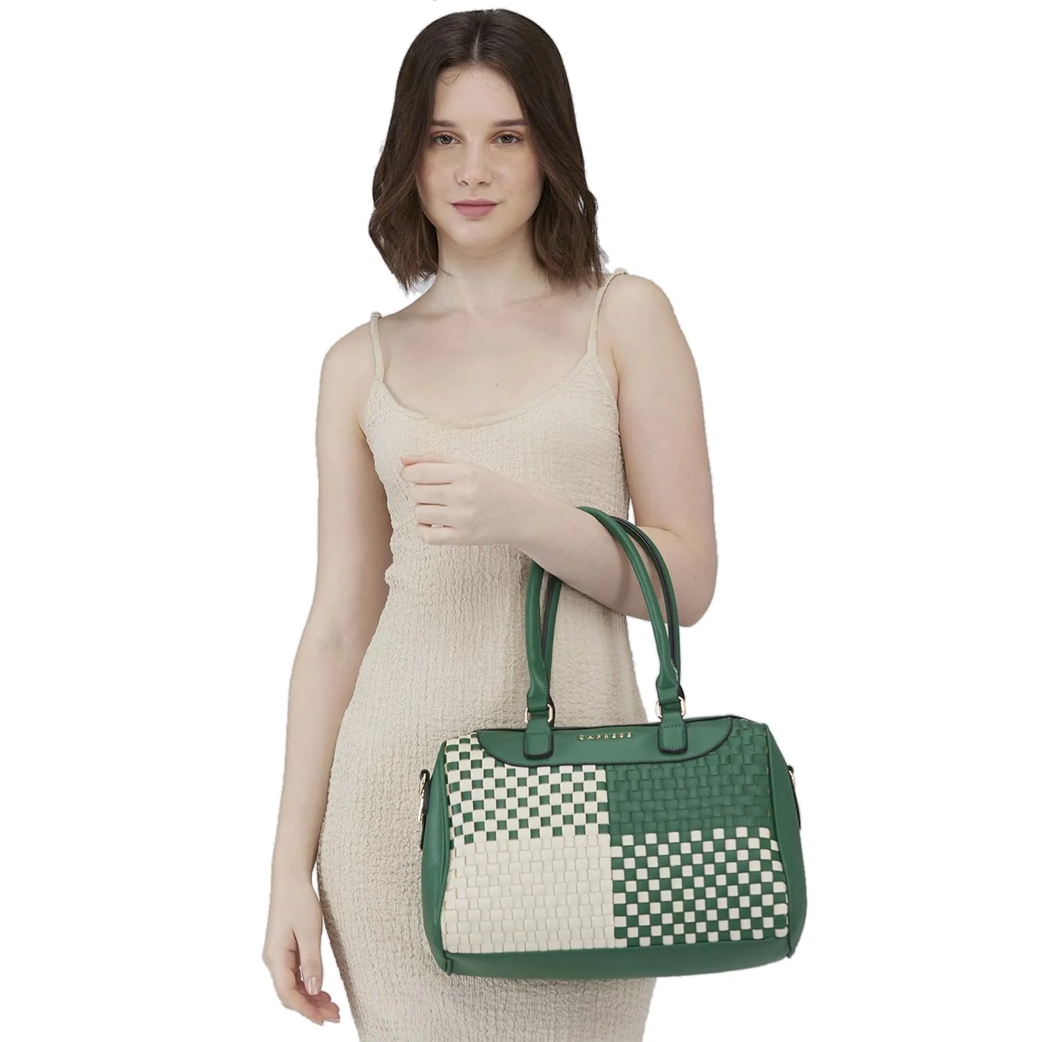 Caprese Aria Satchel, Medium Dual Colored-Green | Chic & Stylish Woven Handbag for Women with Secure Top Zip | Perfect for Office & Daily Essentials