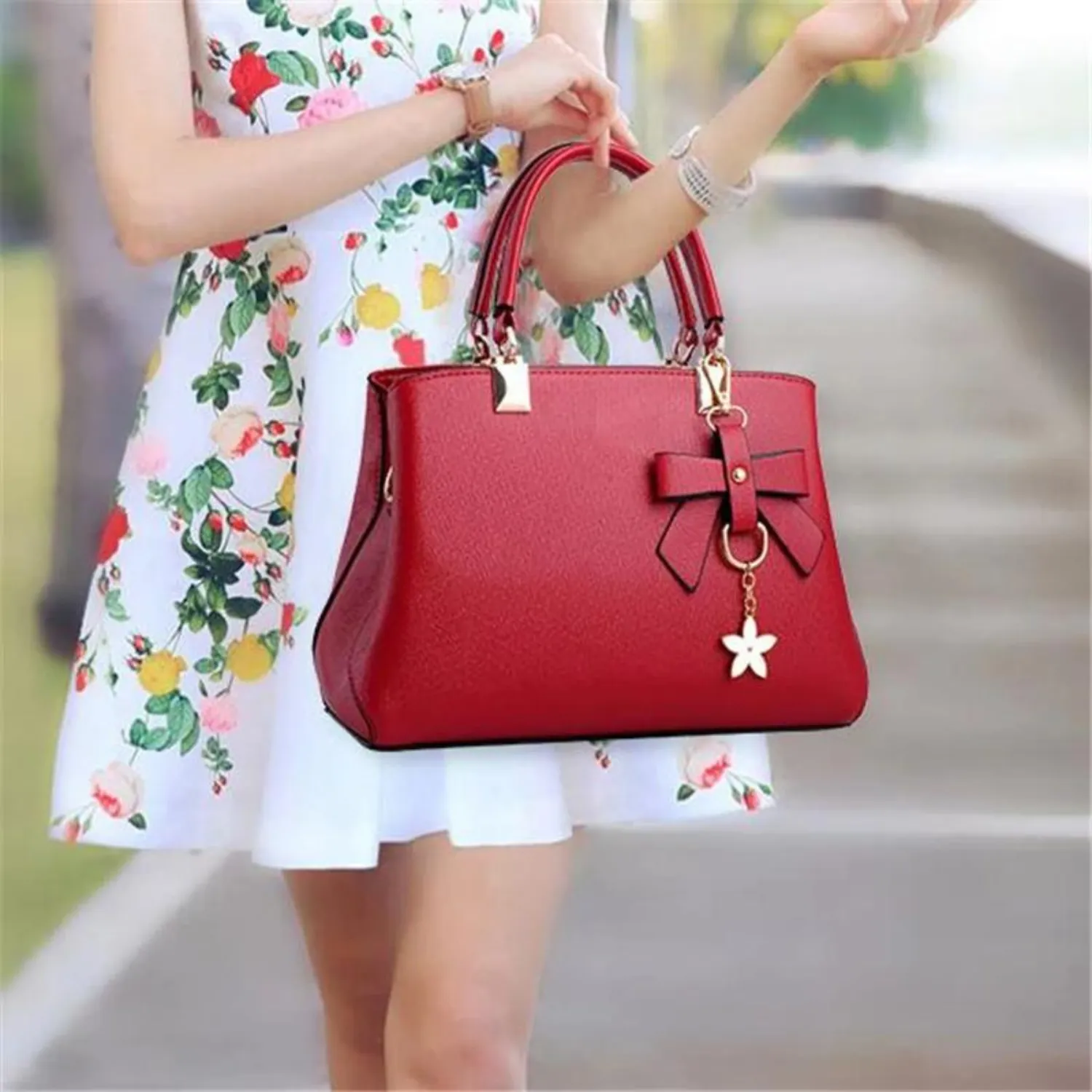 Chic Elegance Messenger Tote - Blossom Pendant Accent