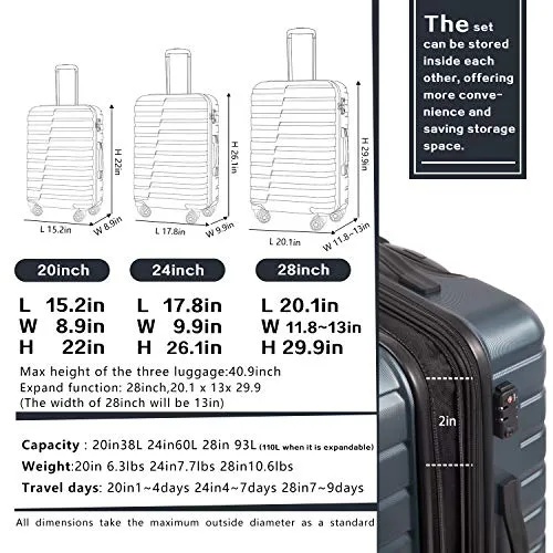 COOLIFE 3 Piece Luggage Set - PC ABS - TSA Lock - Silver