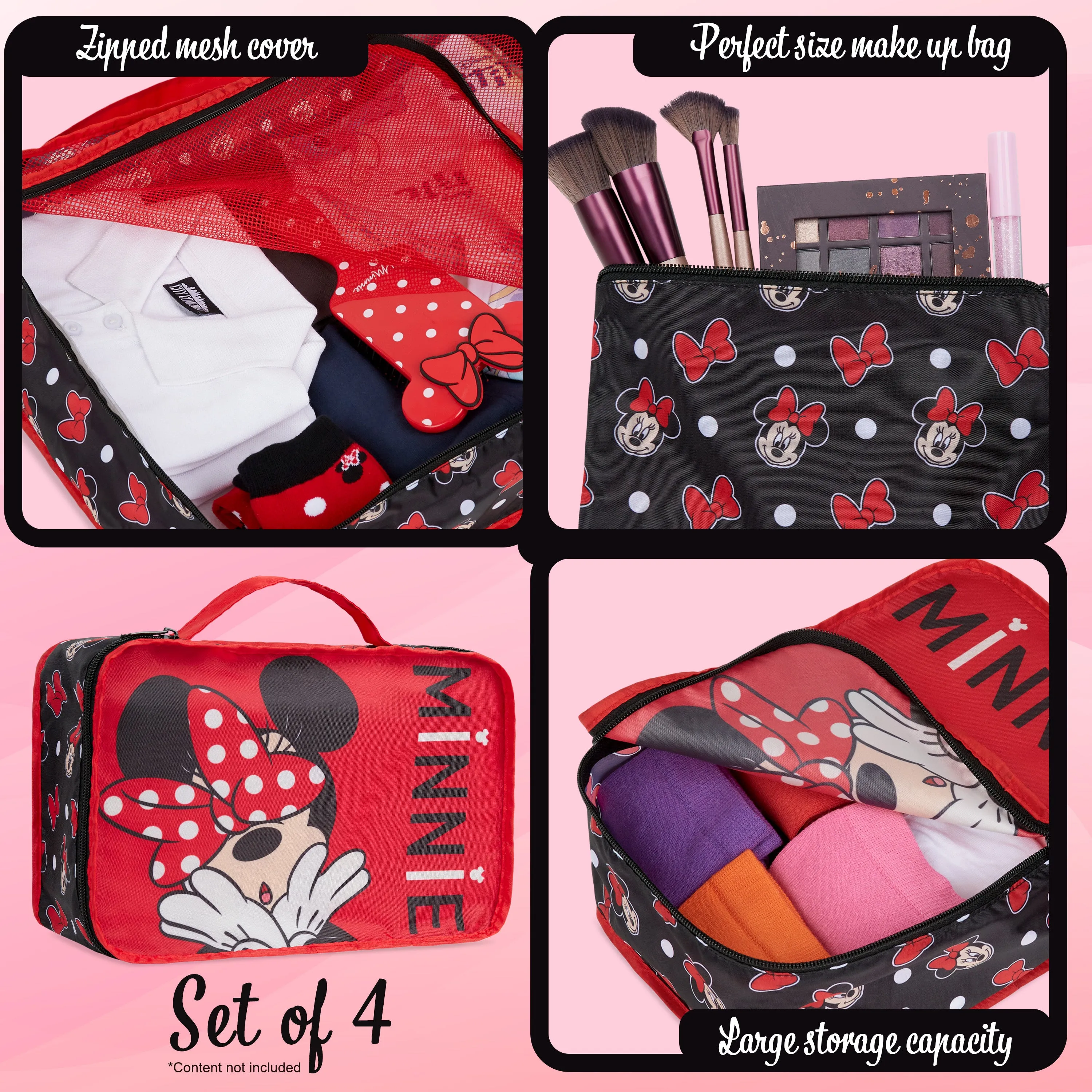 Disney Packing Organisers, Packing Cubes for Suitcases Luggage, Wash Bag (Red Minnie Mouse)