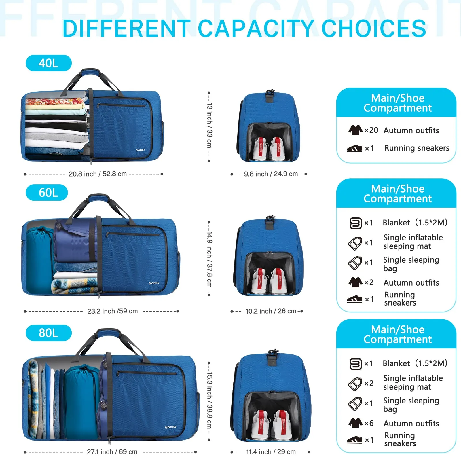 Gonex 60L Collapsible Duffel Bag with Shoes Compartment