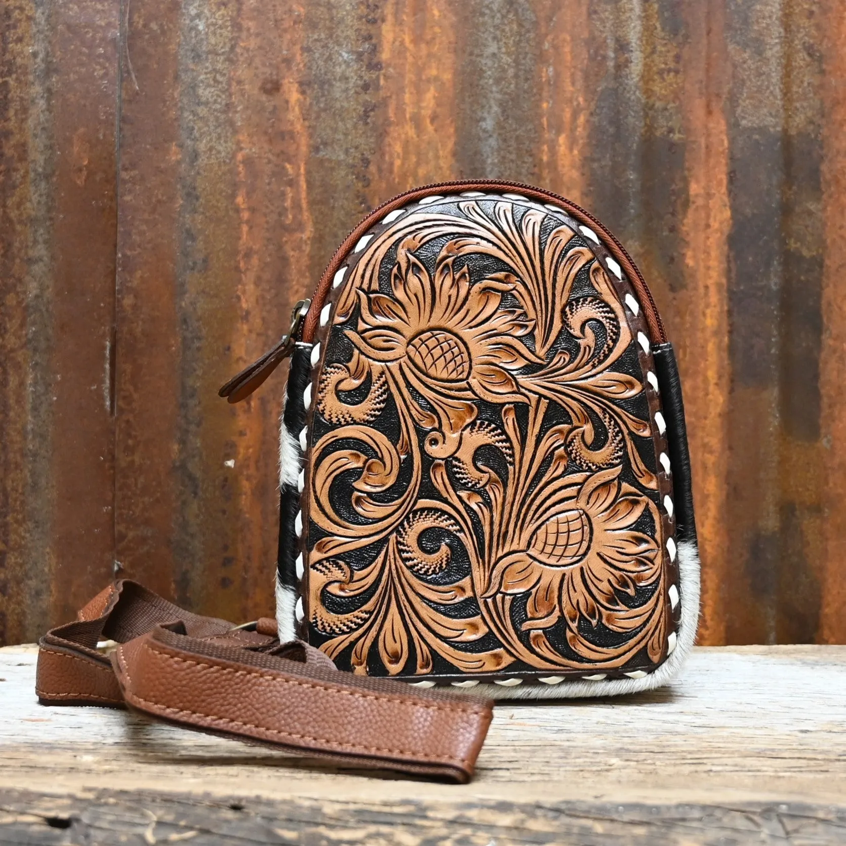 Hand Tooled Leather Sling Bag Hide On