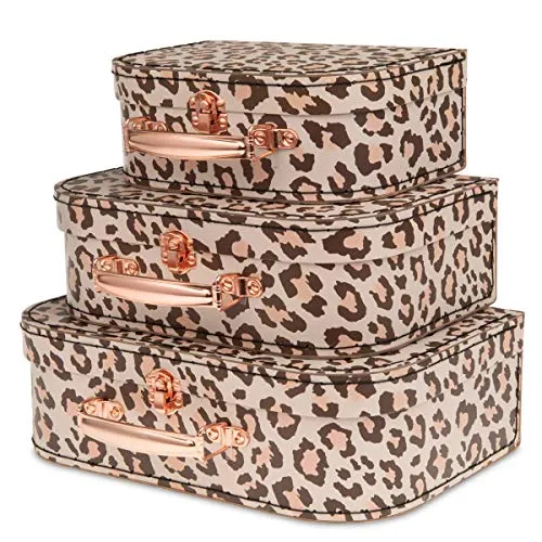 Jewelkeeper Paperboard Suitcases, Set of 3 – Nesting Storage Gift Boxes for Birthday Wedding Easter Nursery Office Decoration Displays Toys Photos – Leopard Print Design