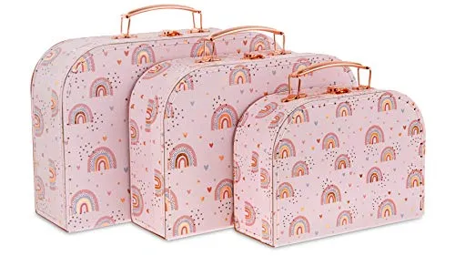 Jewelkeeper Paperboard Suitcases, Set of 3 – Nesting Storage Gift Boxes for Birthday Wedding Easter Nursery Office Decoration Displays Toys Photos – Rainbow Design