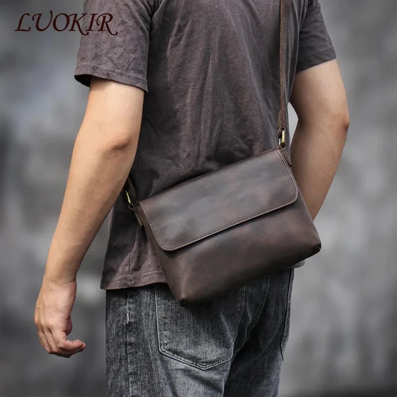 LUOKIR Men's Genuine    Crazy Horse Leather Classic Flap Cowhide Bag 8 Inch Pad compatible.