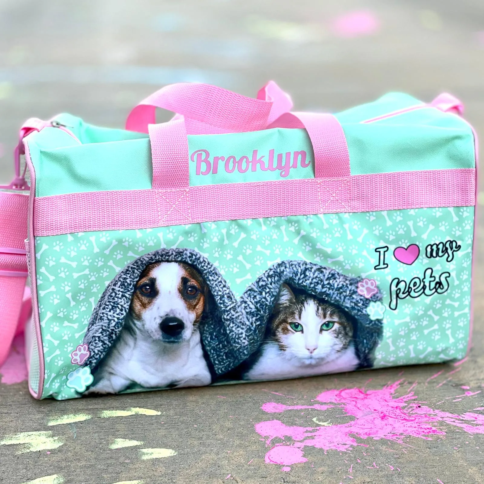 Personalized Kid's Travel Duffel Bag - I ❤️ My Pets