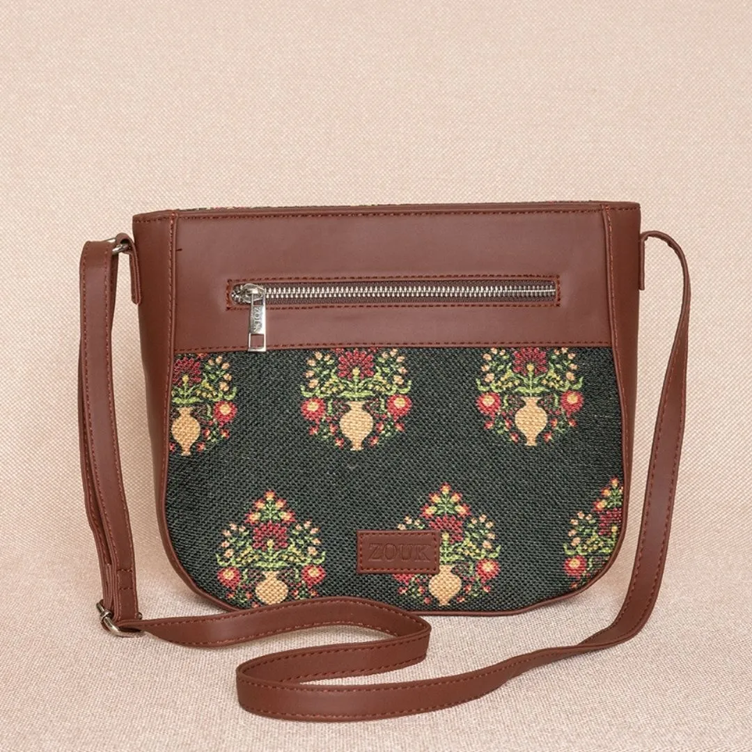 Royal Green Mogra Print U-Shaped Sling Bag