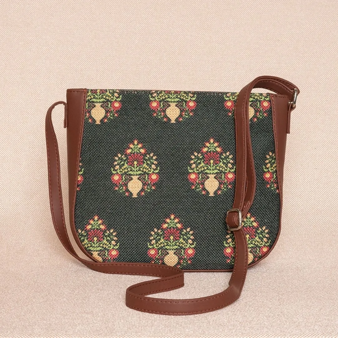 Royal Green Mogra Print U-Shaped Sling Bag