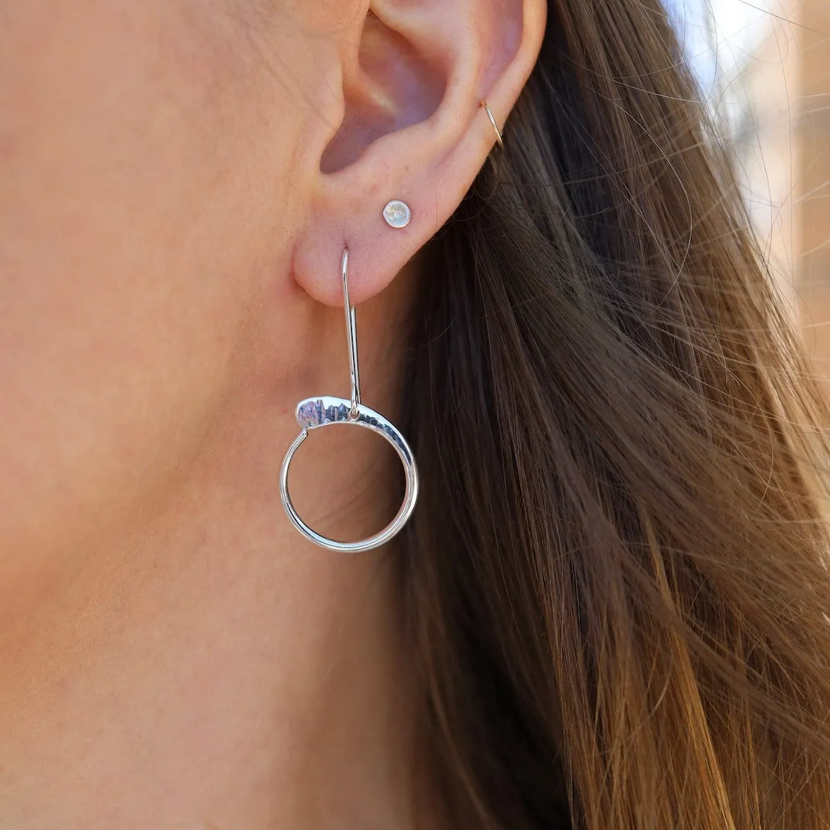 Small Hammered & Smooth Circle on Long Earwires