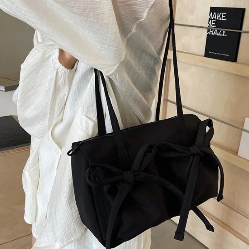 Sohiwoo Japanese Ins Style Shoulder Bag For Commuter Lightful Zipper Nylon Tote Bag Female Casual Large Capacity Bow Bag