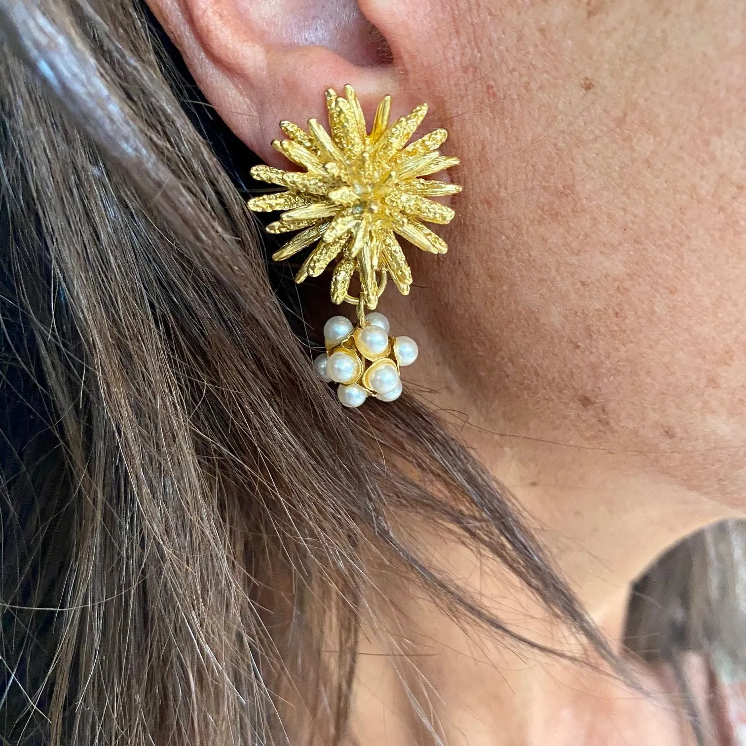 Starburst X Pearl Cluster Clip Earrings