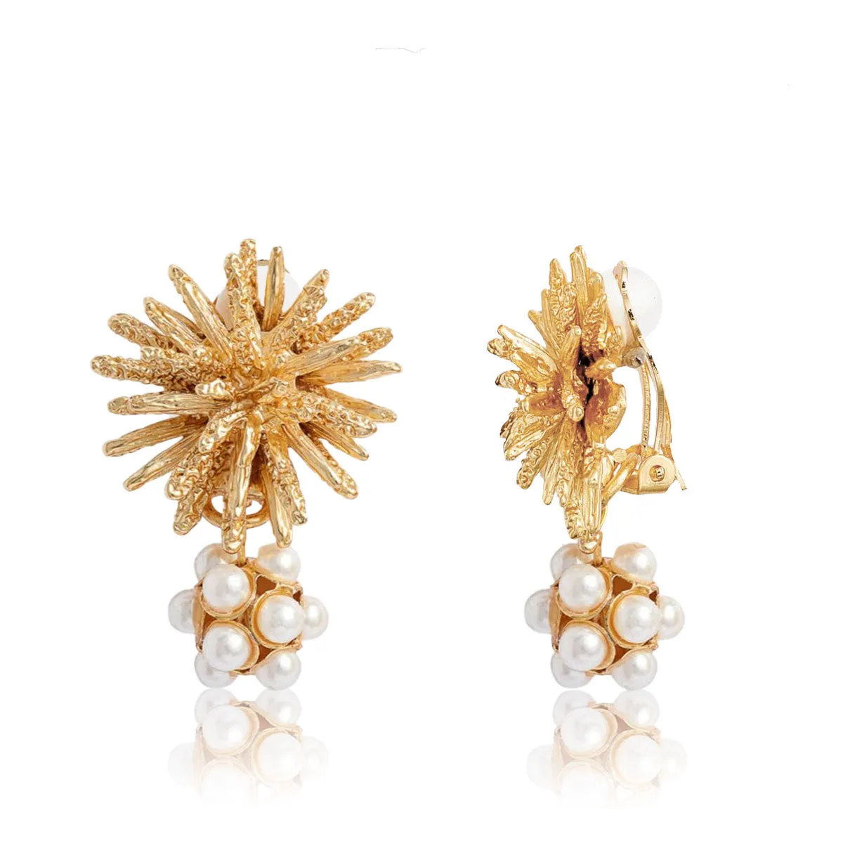 Starburst X Pearl Cluster Clip Earrings