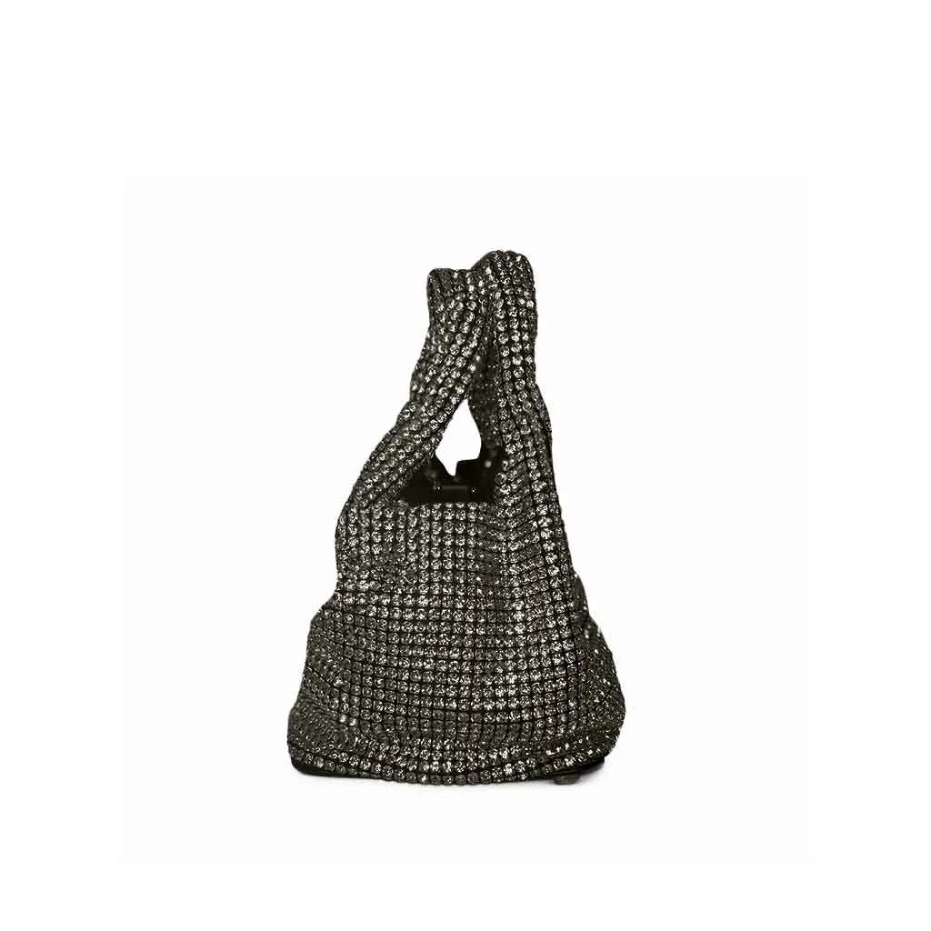 The Gracie Rhinestone Mini Bucket Tote Bag in black