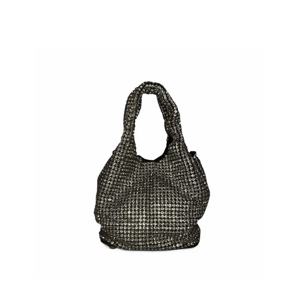 The Gracie Rhinestone Mini Bucket Tote Bag in black