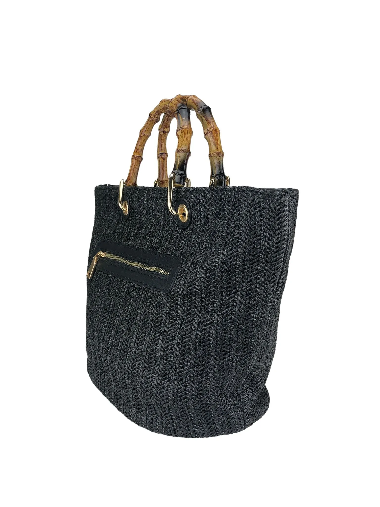 Urban Expressions, Women's Woven Straw Handbag with Cane Handles, Black