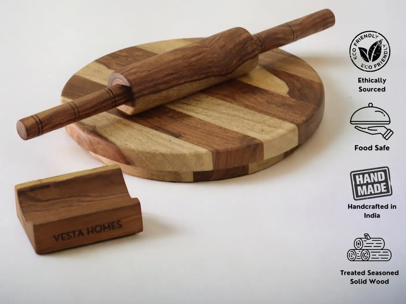 Vesta Homes Wooden Chakla/Pastryboard for Kitchen | Premium Solid Wood Roti, Chapati Rolling Board | 9 * 9 * 1.5 Inches | No Chemical Polish | Handmade in India