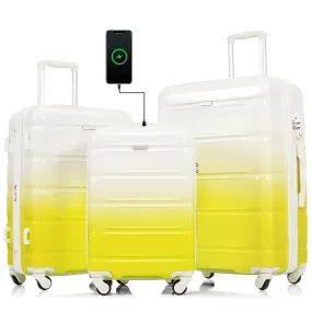 Vibrant Lemon Yellow 3-Piece Luggage Set with USB Charging Port and Cup Holder – Durable Spinner Suitcases, Airline Approved!